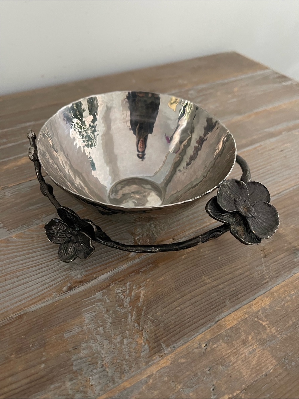 Michael Aram Silver Hammered Bowl with Black Floral Stand
